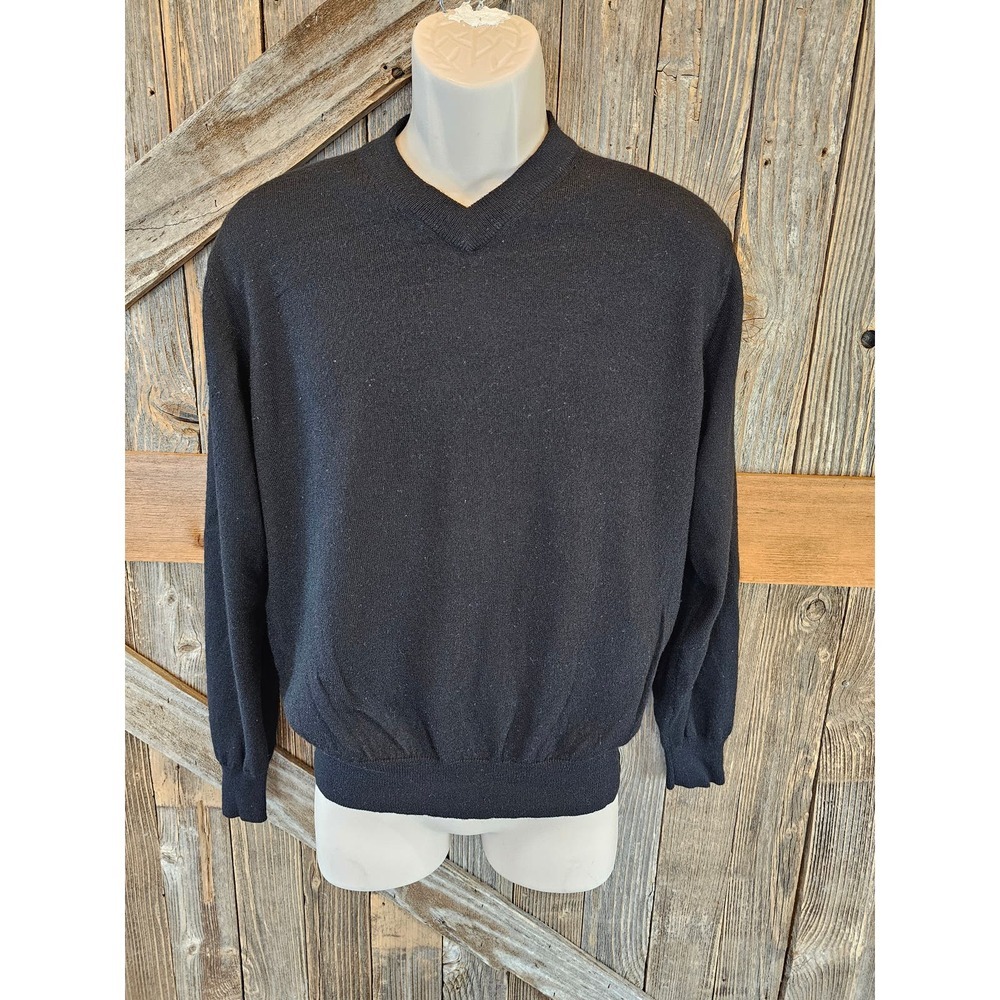 Vintage Paul Fredrick Wool Blend Black V Neck Sweater Size L Large Casual Warm -